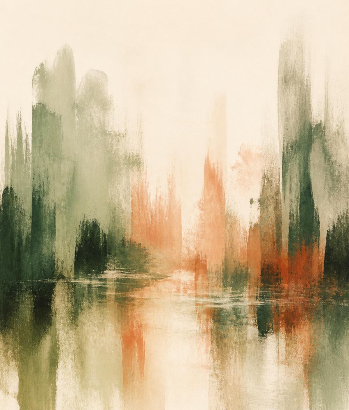 Abstract painterly composition in forest green and terracotta washes